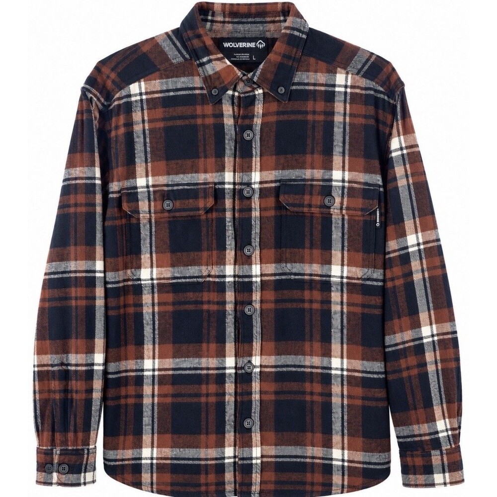 Wolverine Plaid Flannel Button Up Men’s L 100% Cotton Heavy Hiking Outdoors